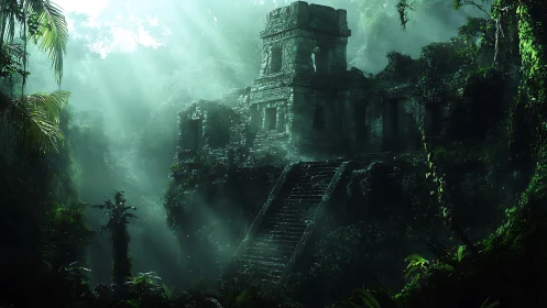 Ancient stone temple ruins hidden in dense misty jungle.