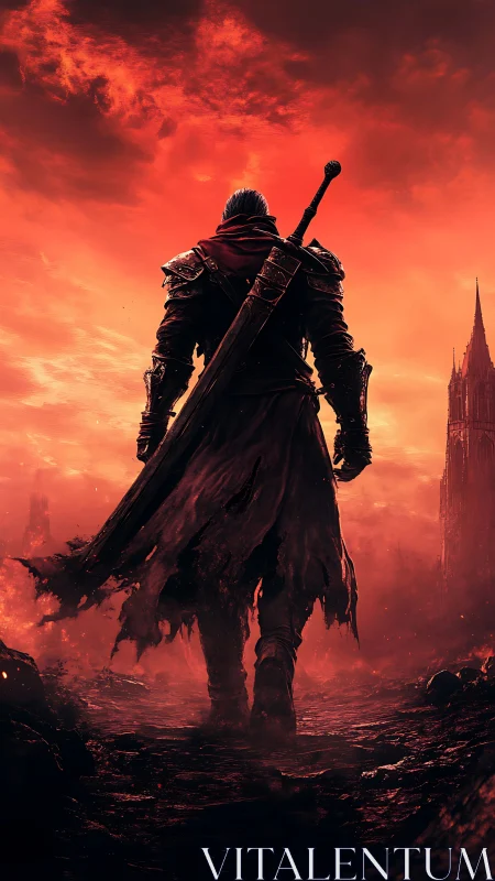 Solitary armored warrior crossing a burning wasteland.