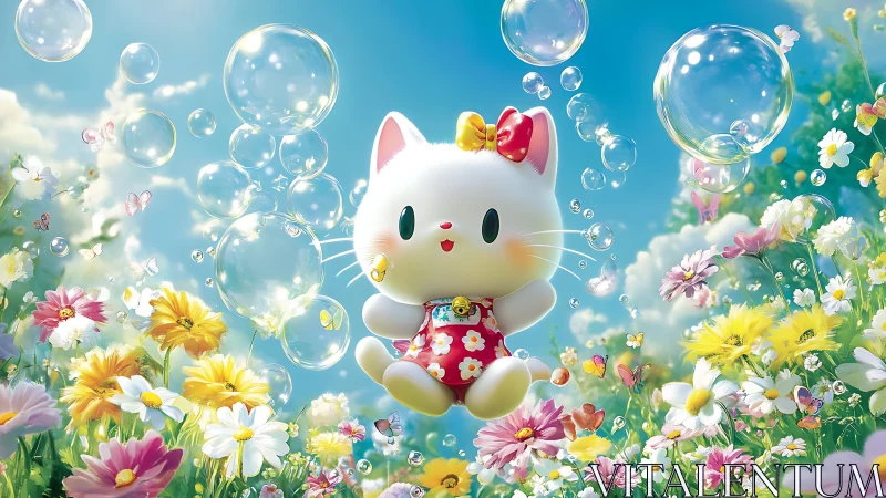 White cartoon cat floats among soap bubbles over flowers