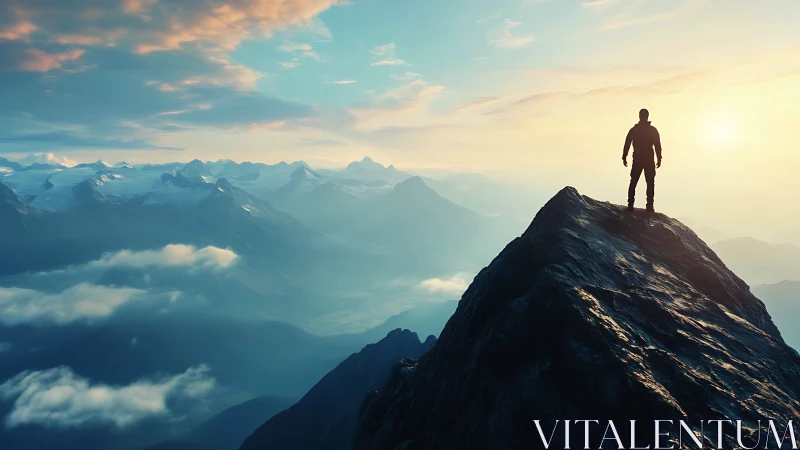 Silhouetted climber surveys luminous sunrise over vast peaks.