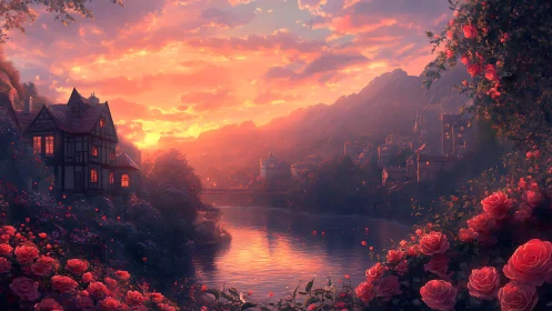 Romantic riverside sunset village in luminous fantasy painting.