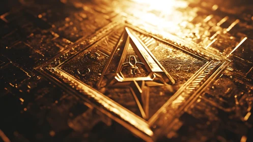 Golden Illuminati-Inspired Symbol on Textured Metallic Surface.