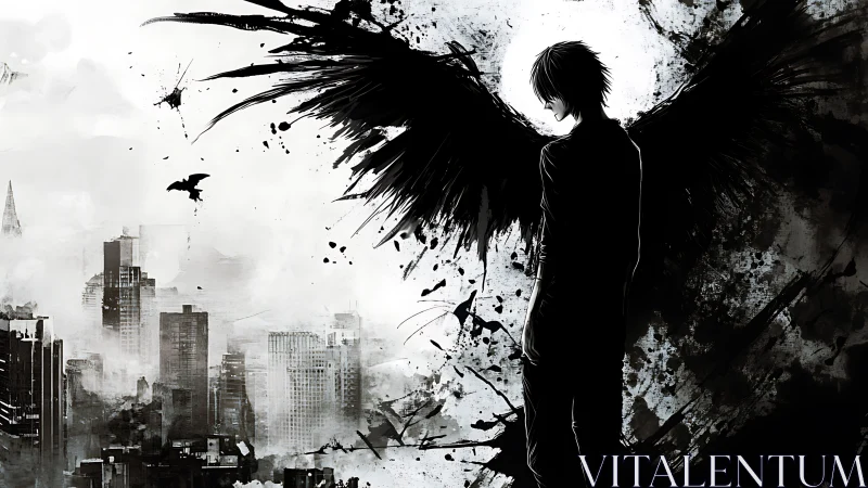 Dark winged figure overlooks monochrome city skyline