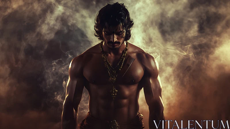 Muscular shirtless man stands in dramatic smoky lighting