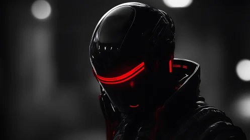 Cybernetic enforcer stalks neon alley in red visor glow.