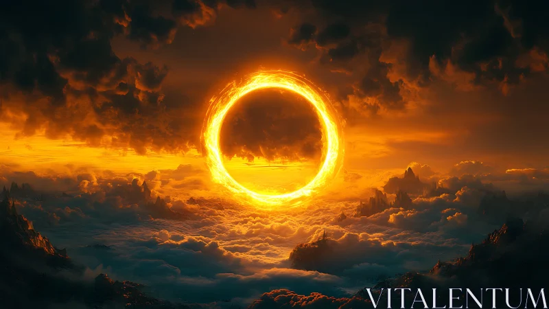 Fiery celestial ring suspends above cloudscape in dramatic chiaroscuro