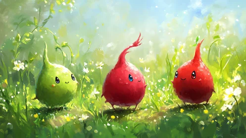 Small round plant-like creatures in a bright meadow scene.