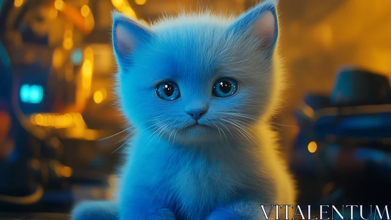 Blue kitten portrait under neon bokeh studio lights.