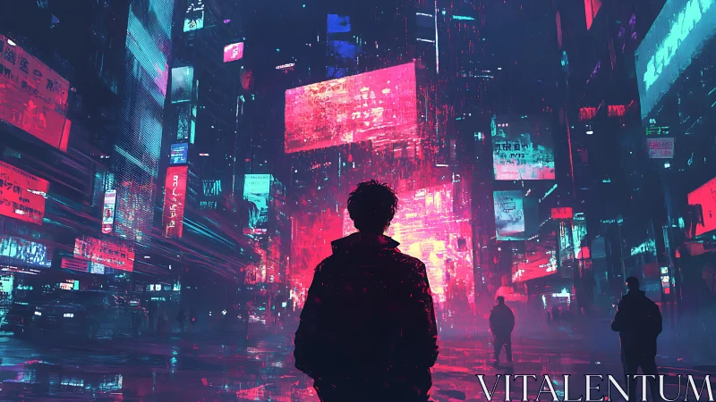 Cyberpunk rain-soaked boulevard with neon backlit silhouette.