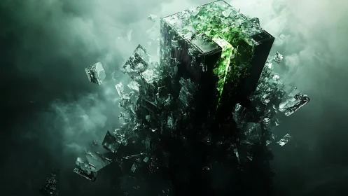 Shattered data core erupting with neon green energy.