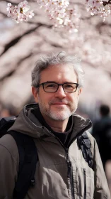 Middle aged man under cherry blossoms outdoors portrait.