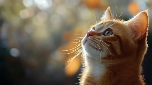 Feline Subject Gazing Skyward. Golden Hour Backlighting Illuminates Textured Fur.