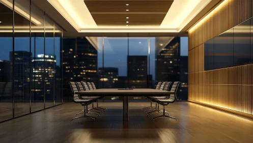 Contemporary Conference Room with Cityscape at Dusk.