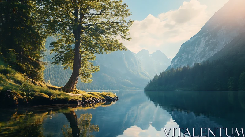 Calm mountain lake with lone tree and soft morning light.
