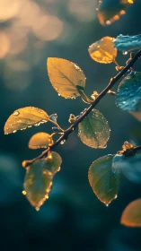 Morning dew on golden leaves in soft forest light.