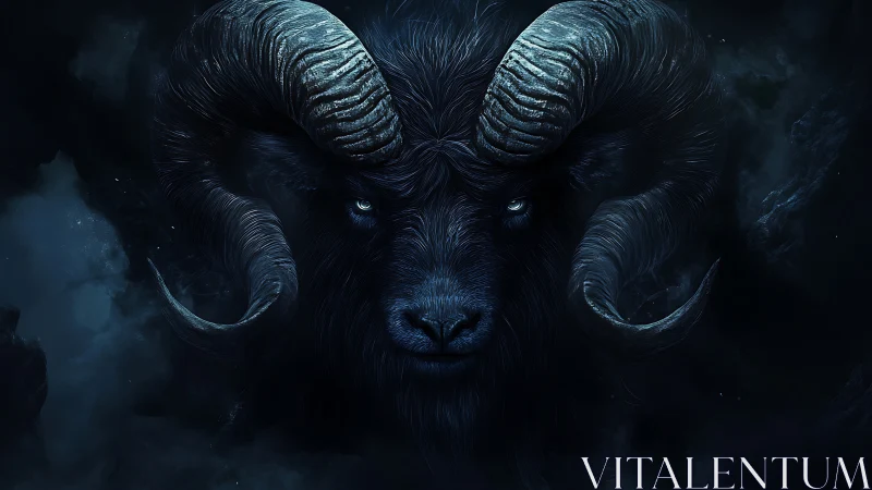 Mythic horned beast emerges from shadowed cosmic void.