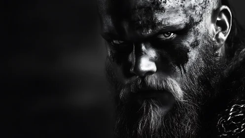 Monochrome close-up of battle-hardened warrior in hard light