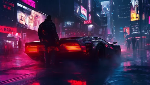 Lone driver stands beside neon car in rainy cyberpunk city