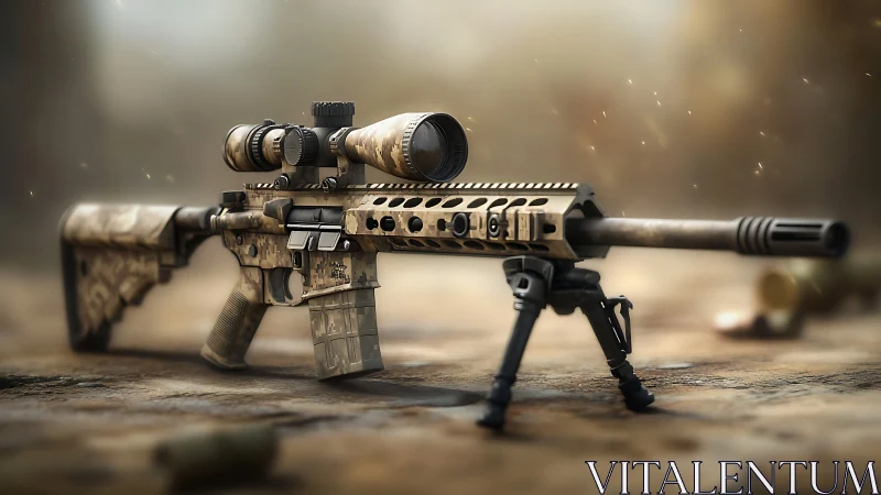 Tactical rifle with scope and bipod mounted on sand surface