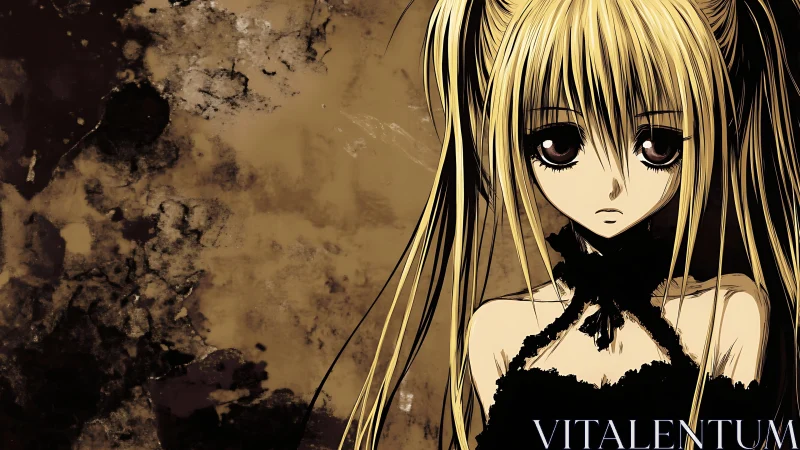 Melancholic blonde anime girl against grunge sepia backdrop.