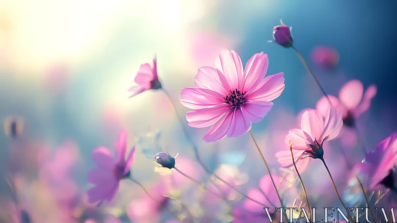 Pink cosmos flowers in soft focus light. Garden blooms.