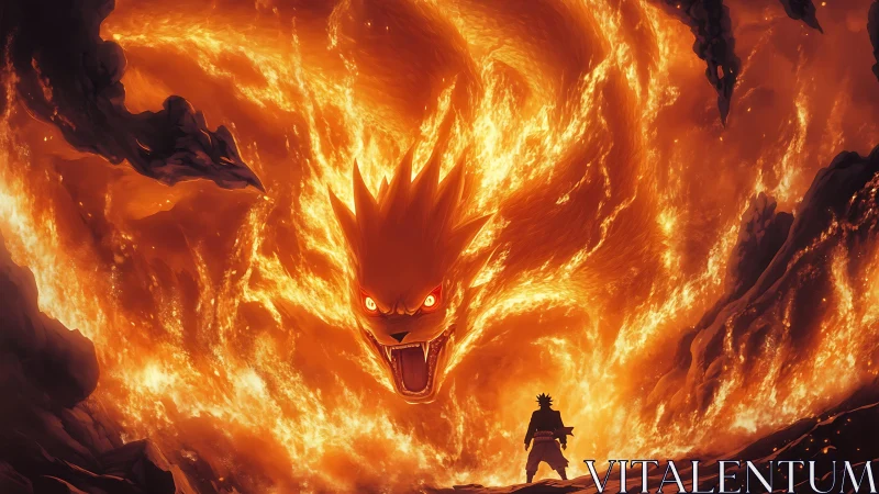 Fiery fox spirit towers over lone warrior in erupting chasm
