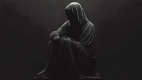 Hooded figure sits in darkness, wrapped in solemn mystery
