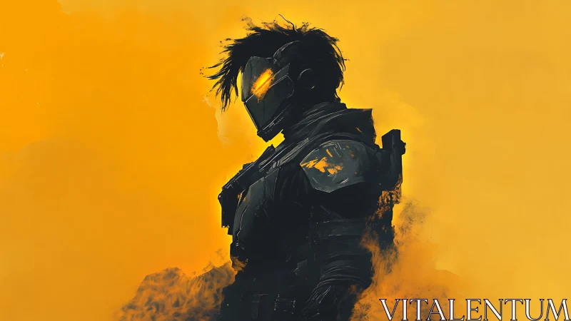 Cyberpunk armored sentinel in monochrome orange haze profile.