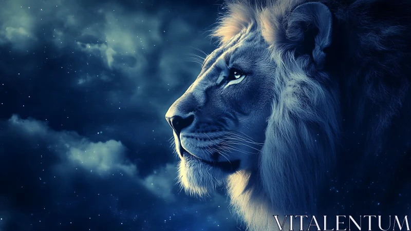 Nocturnal lion profile under luminous starfield sky