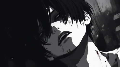 Blood-streaked loner leans into the hush of monochrome night