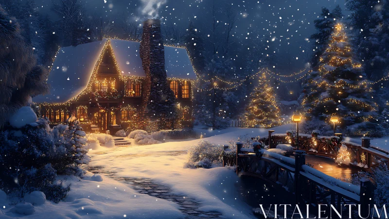 Cozy winter cabin glowing with festive holiday lights.