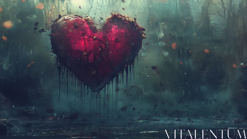 Crimson Heart Shattering Against Surreal Teal Landscape.