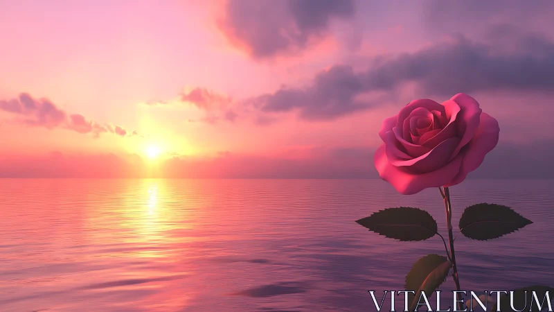 Pink rose glows beside tranquil ocean sunset horizon.
