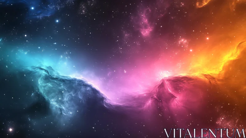 Vibrant tri‑color cosmic nebula drifts through starry deep space