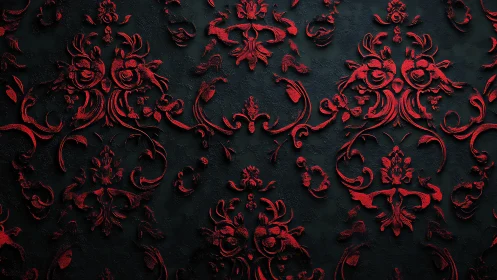 Ornate red baroque flourishes emerge from dark textured wall.