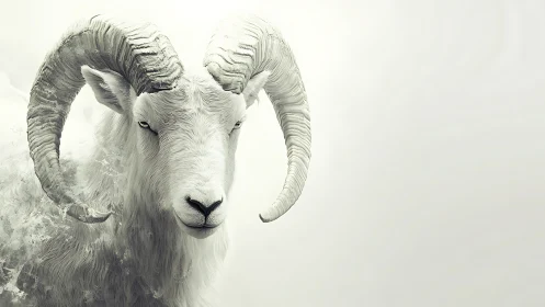 White mountain ram portrait merges with abstract misted ground