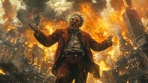 Frenzied man erupts in fiery chaos as a city burns around him