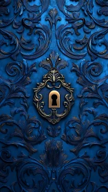 Ornate golden keyhole shimmers within deep royal blue filigree