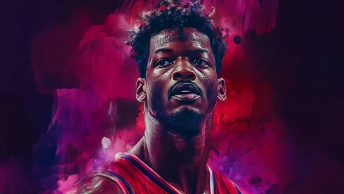 Neon court dreamer crowned in electric crimson fog.