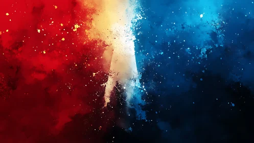 Red and blue abstract split by bright textured white column.