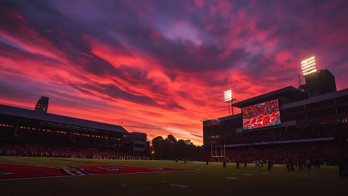 Stadium lights ignite beneath blazing magenta sunset sky.