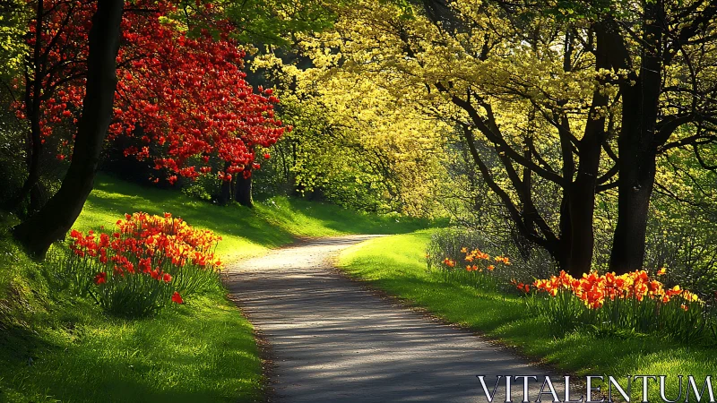 Curving paved path passes flowering trees and tulip borders