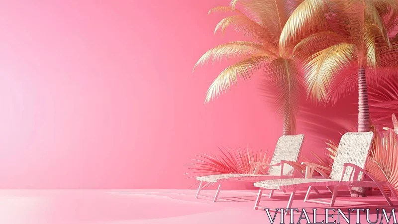 Monochrome pink poolside loungers under stylized palm trees