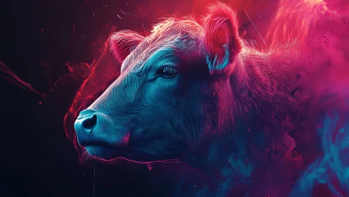 Neon bovine portrait in dual-tone abstract digital field.
