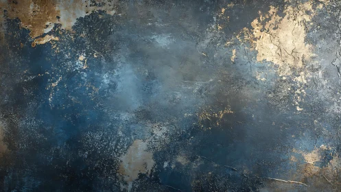 Abstract textured wall with blue and gold distressed effect.