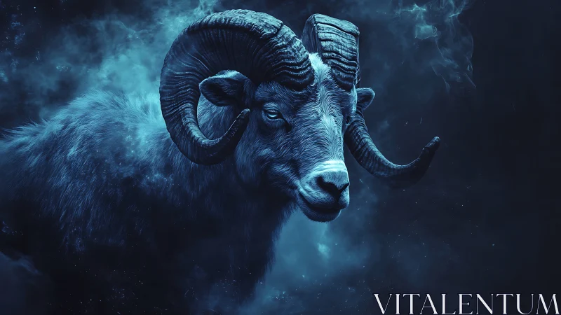 Celestial ram emerges through deep cyan nebula haze.
