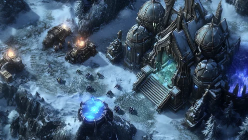 Isometric sci-fi fortress in frozen battlefield environment.