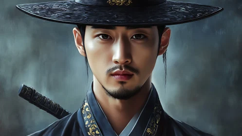 Silent blade in moonlit silk, stoic Joseon guardian gaze.