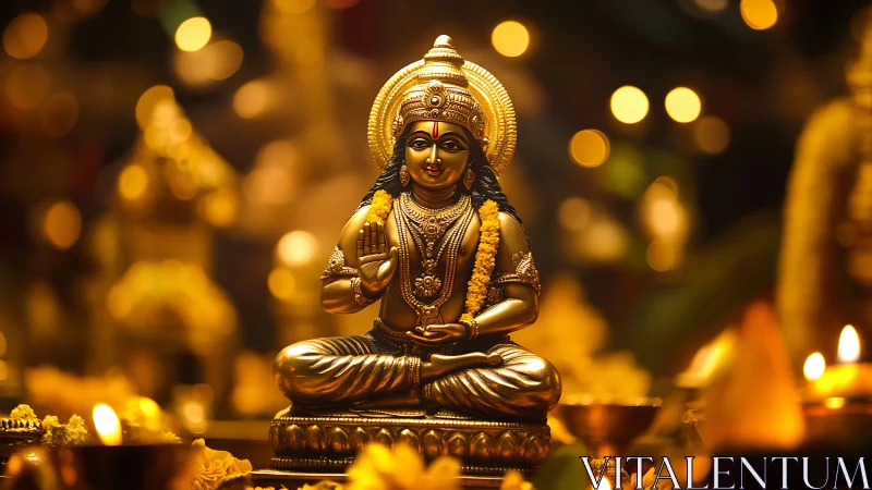 Golden deity sits in candlelit glow, blessing the quiet night