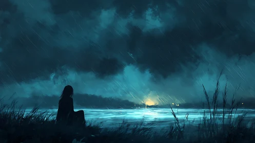 Solitary shoreline observer in nocturnal storm illumination.